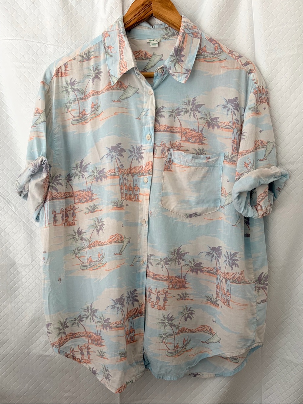Men's Light Blue Tropical Print Short-Sleeve Button-Down Shirt